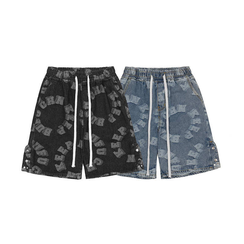 Letter Full Print Denim Shorts Functional Wind Tooling