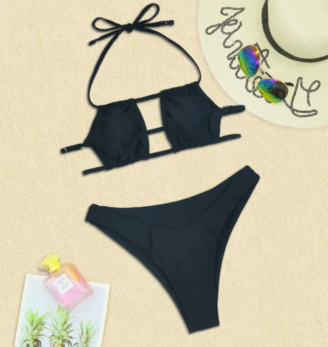 Sensual Swimwear European And American Nylon Back Solid Color Triangle Split Ladies Swimsuit Black - Shop at LoveMi