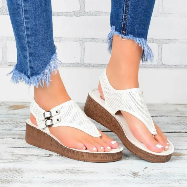 Hollow Wedge Trendy One Toe Buckle Sandals White - Shop at LoveMi