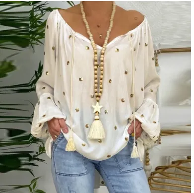 Loose Lantern Sleeve Hollow V Neck Top White - Shop at LoveMi