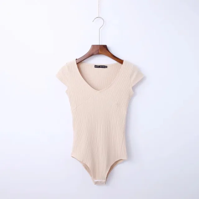 V neck Waist Dhort sleeved One piece T shirt Top File Ladies Jumpsuit Apricot - Shop at LoveMi