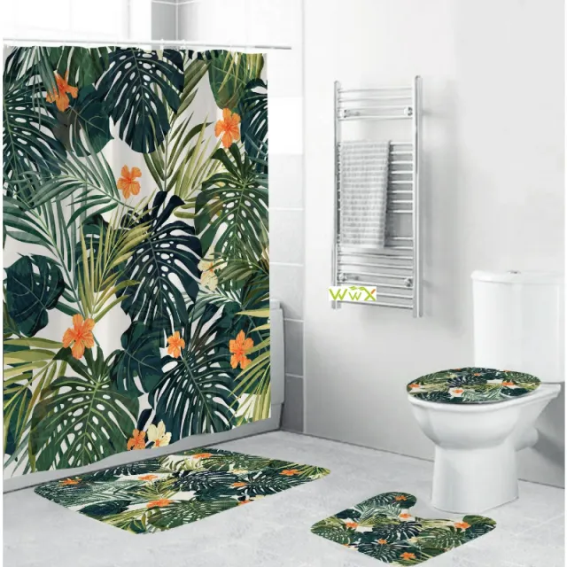 Shower Curtain Bath Mat Toilet Pad Set Anti slip Toilet Bamboo Florets - Shop at LoveMi