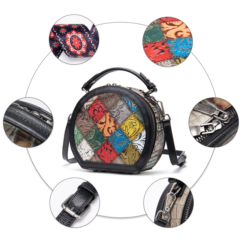 "Vintage Patchwork Leather Mini Handbag - Round handbag with a retro geometric pattern, featuring detailed close-ups of its premium leather material, sturdy zipper closure, soft handle, and intricate stitching."