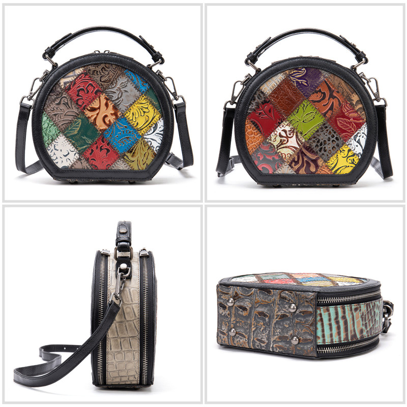 "Multiple views of a Vintage Patchwork Leather Mini Handbag, showing front and back colorful geometric patterns with various textures, side view displaying the zippered closure and detachable strap, and bottom view highlighting the intricate design and durable base."