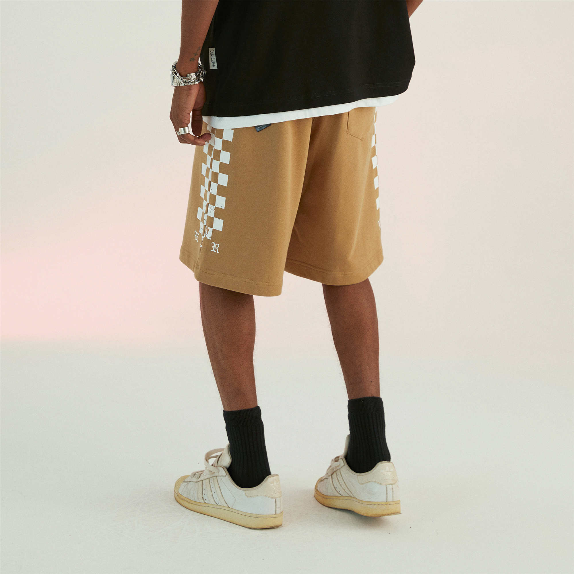 Beige Knit Check Print Shorts