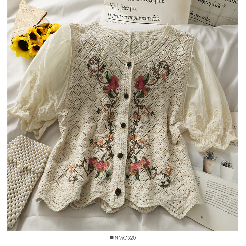 Embroidered Wavy Short-sleeved Stitching Hollow Small Shirt