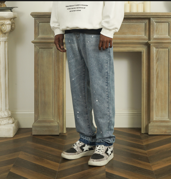 Empty Reference Ink Wash Light Blue Jeans Men'S Trousers With Raw Edges Simple Slim Straight Trousers