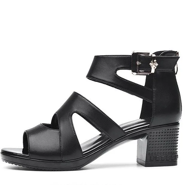 Mid Heeled High Heeled Thick Heeled Roman Fish Mouth Sandals Black - Shop at LoveMi