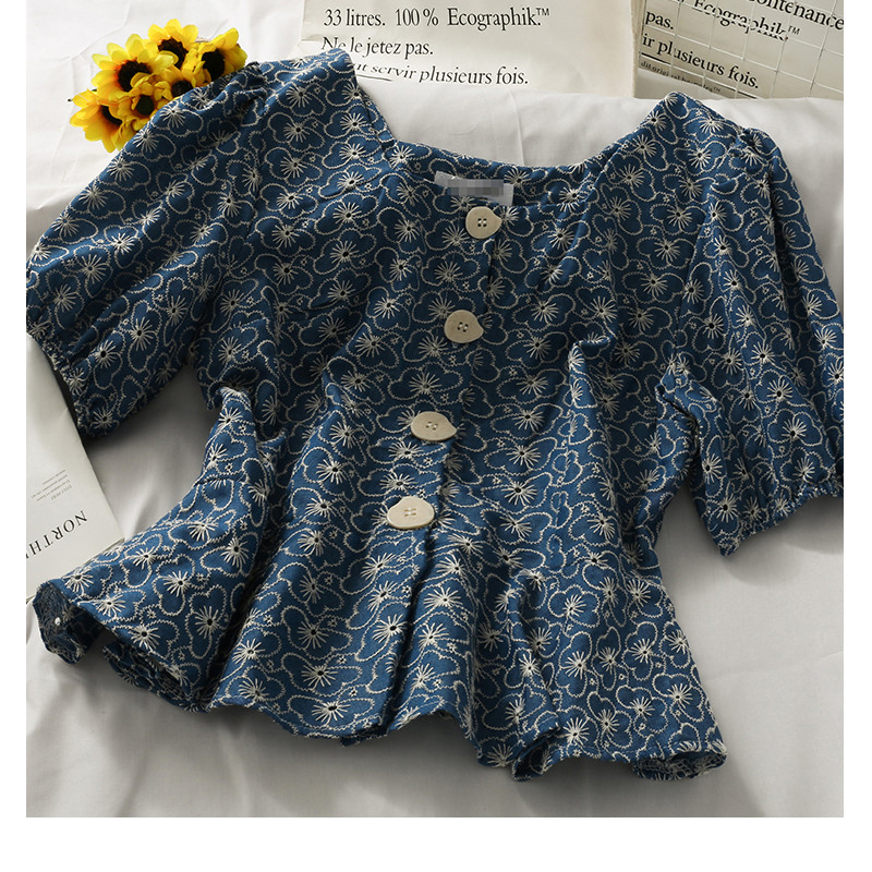 Retro Hollow Crochet Single-breasted Puff Sleeve T-shirt