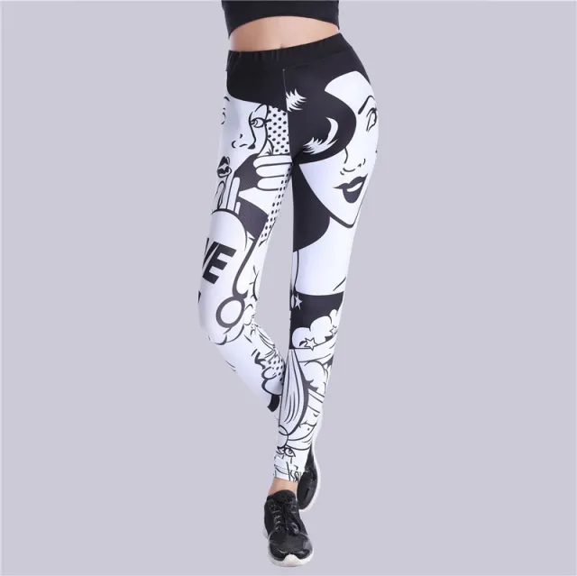 Thick Black And White Letter Print Tight Yoga Leggings Black - Shop at LoveMi