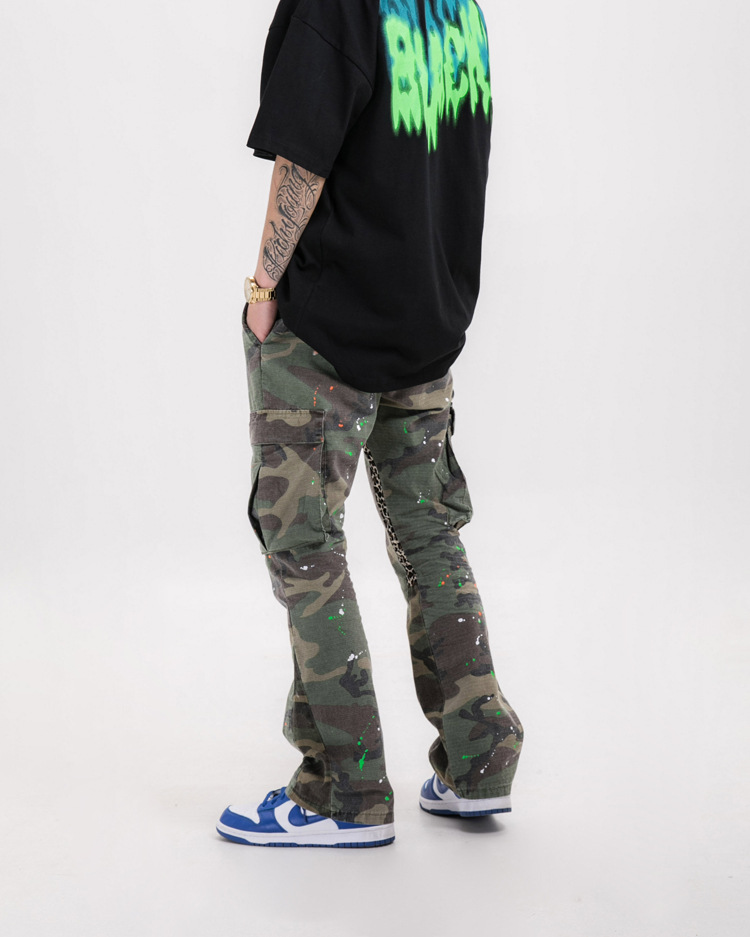 Multi-pocket ink-splattered Camouflage Cargo Pants, Distressed Washed Trousers