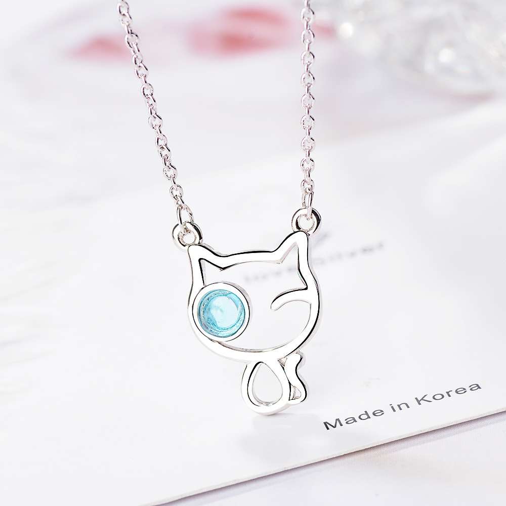Fashion Cat Blue Crystal Necklace