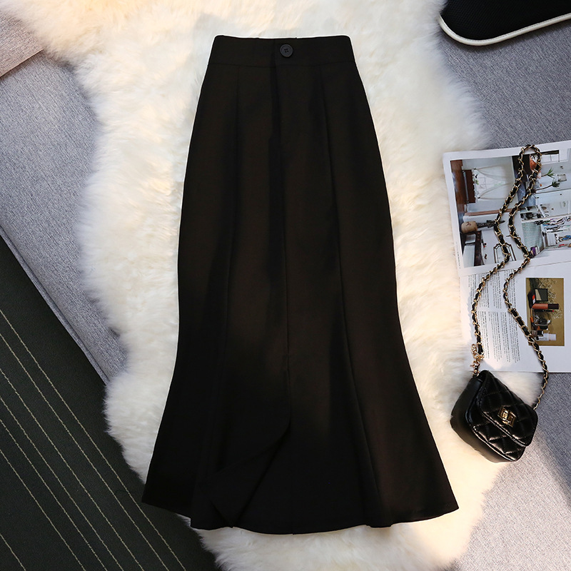 High Waist Mid Length Package Hip A Line Mermaid Skirt Split Skirt Black - Shop at LoveMi