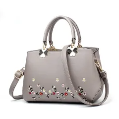 Fashion Embroidered One-shoulder Handbag - Grey - View 1
