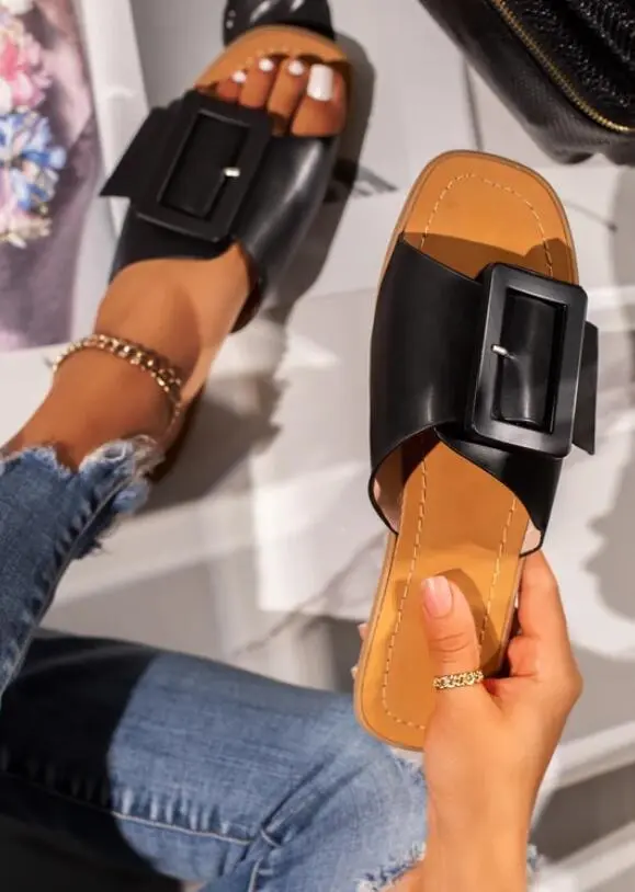 New European And American Toe Square Buckle Flat Slippers Lady Black - Shop at LoveMi