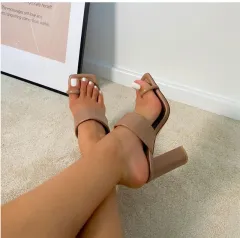 Block Heel Flip Flops Ankle Strap Sandals - Brown - View 1