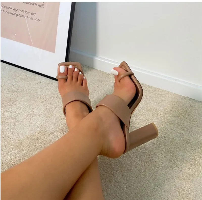 Block Heel Flip Flops Ankle Strap Sandals - Brown