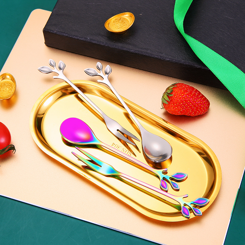 Stainless Steel Leaf Spoon Fork Thickened Two-Tooth Fruit Fork Golden Dessert Coffee Stirring Spoon