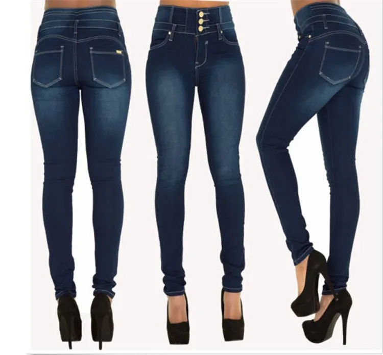 Fashion Elastic High Waist Jeans Women Pencil - Navy