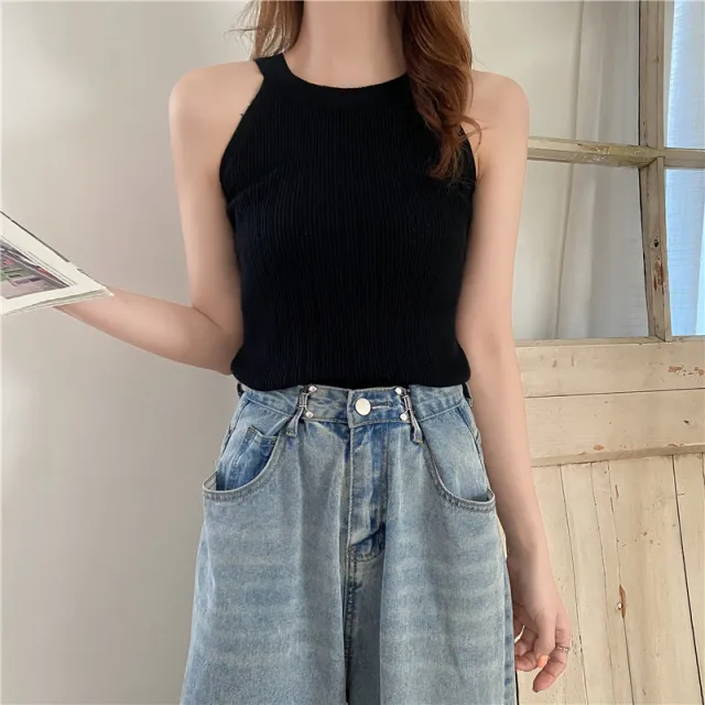 Fashion Ice Silk Knitted Top With Small Straps For Women Black - Shop at LoveMi