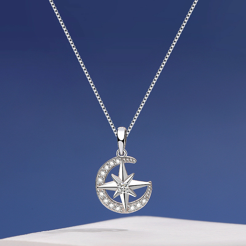 S925 Sterling Silver Jewelry Star And Moon Necklace Female Pendant