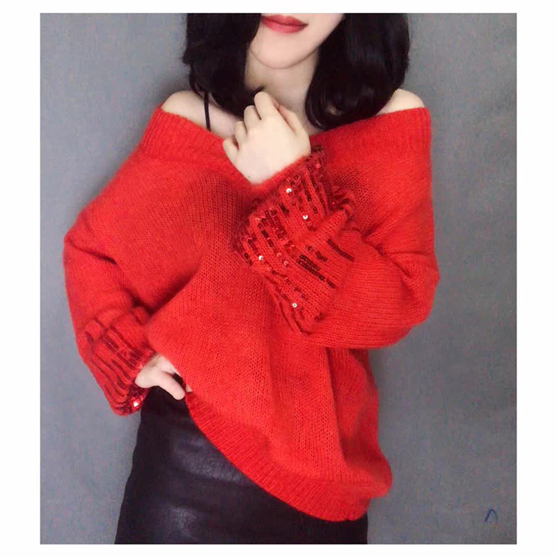 Lantern sleeve hooded loose sequin sweater