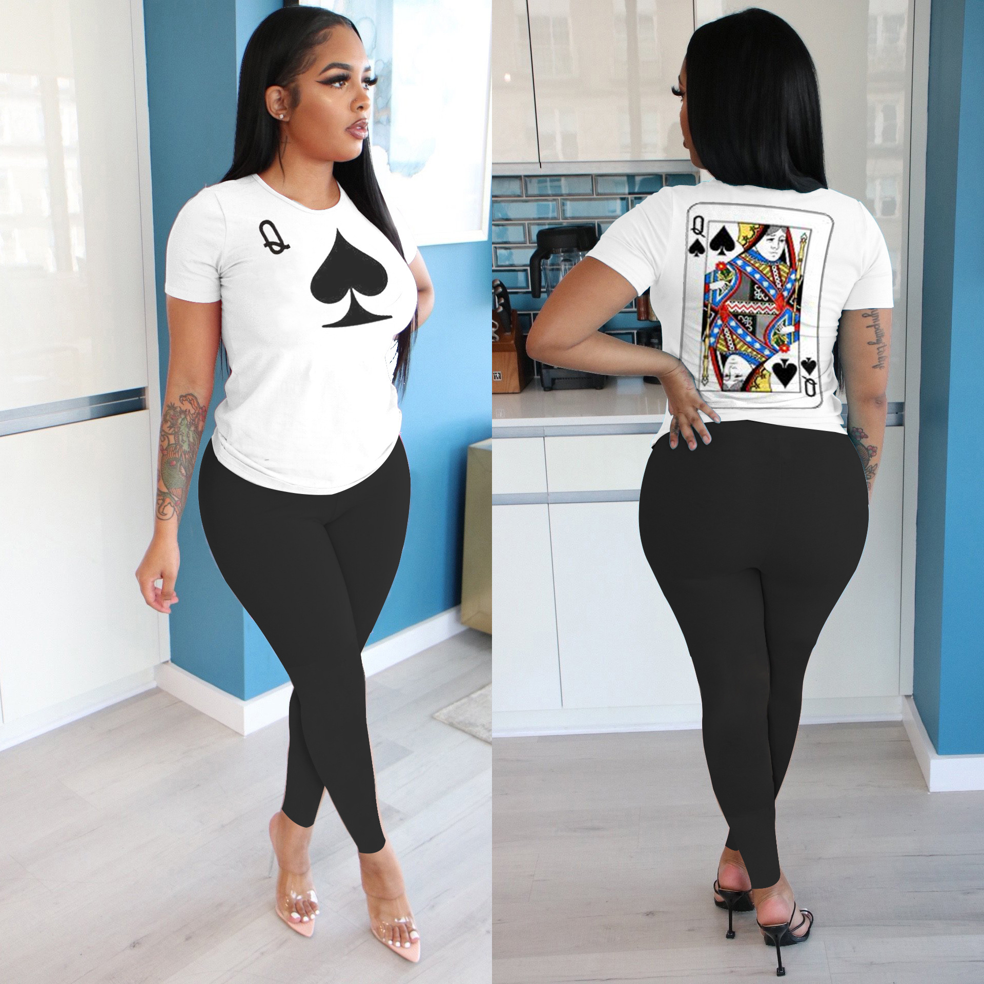 Women'S Poker Q Letter Digital Printed Short-Sleeved Trousers Two-Piece Suit