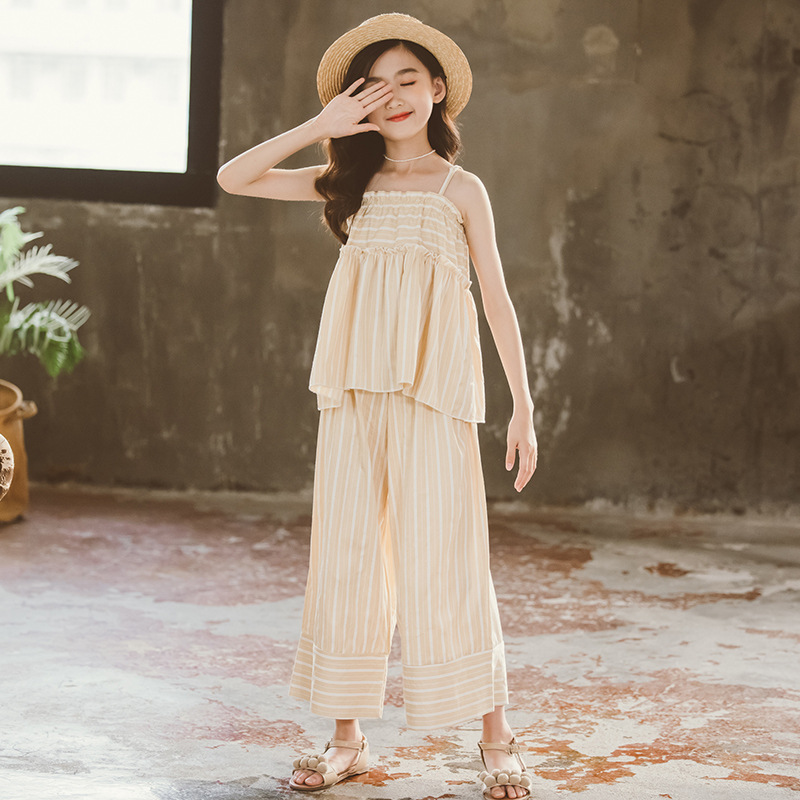 Girls' Cropped Trousers Striped Skirt Suspender Type