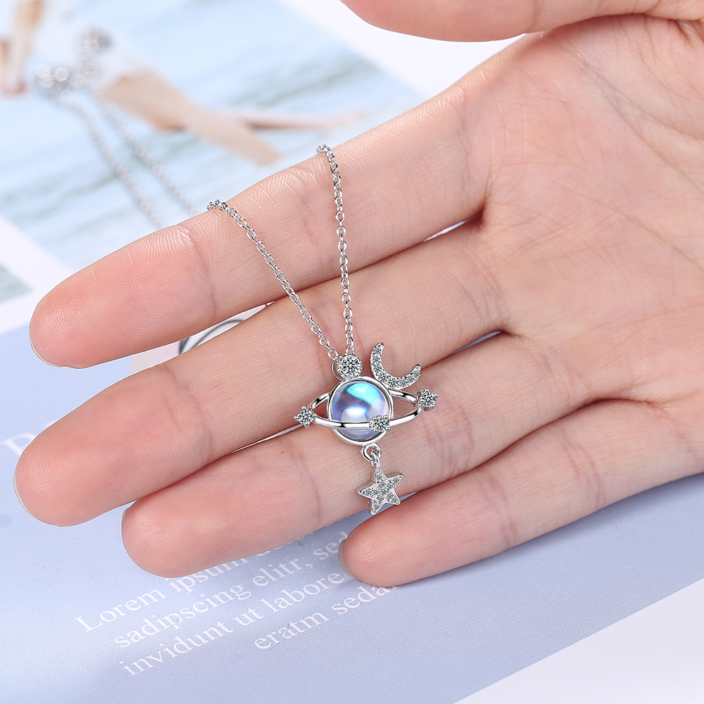 Pure Silver Star Moon Universe Necklace Women'S Niche Design 925 Fashion Net Red Ins Cool Wind Short Style Clavicle Chain Gift