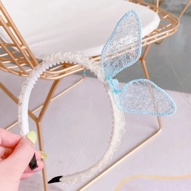 Hd4387A03 Bunny Girl. South Korea New Cute Ear Bow Fold Lace Pressed Hairband Headband Hair Accessories Blue Hollow - Shop at LoveMi