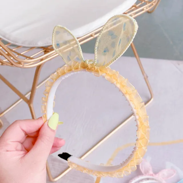 Hd4387A03 Bunny Girl. South Korea New Cute Ear Bow Fold Lace Pressed Hairband Headband Hair Accessories Yellow - Shop at LoveMi