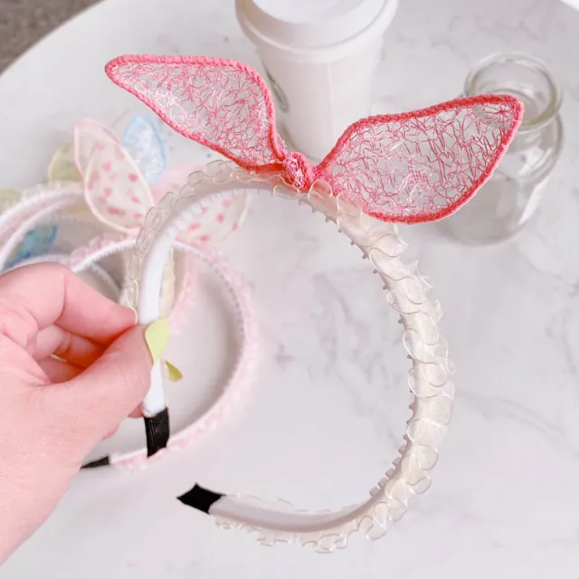 Hd4387A03 Bunny Girl. South Korea New Cute Ear Bow Fold Lace Pressed Hairband Headband Hair Accessories Pink Hollow - Shop at LoveMi