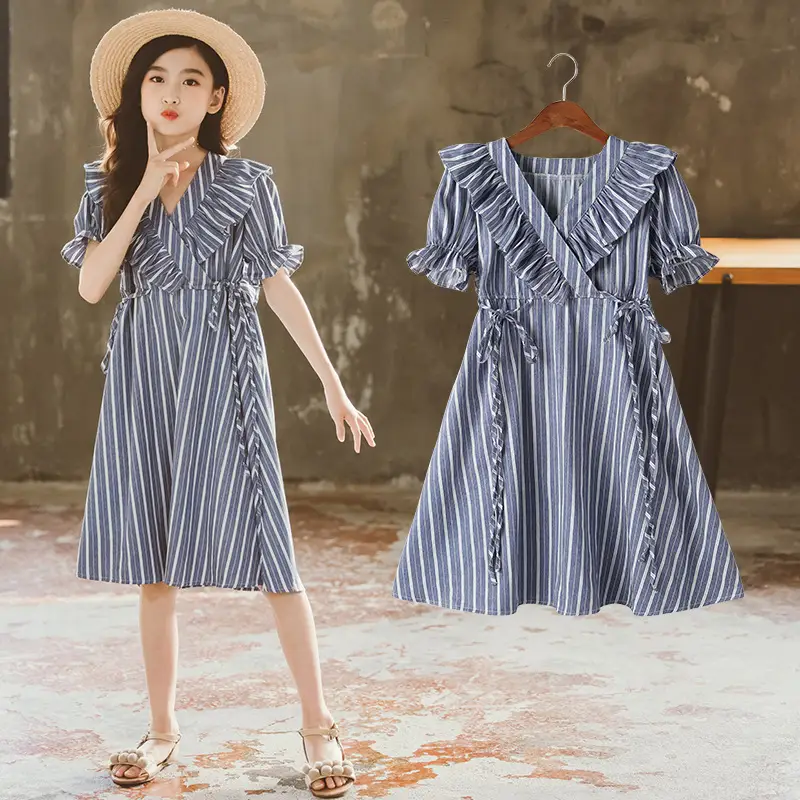 Striped V-Neck Dress Skirt Girl Dress Personality Trendy Loose Long Skirt