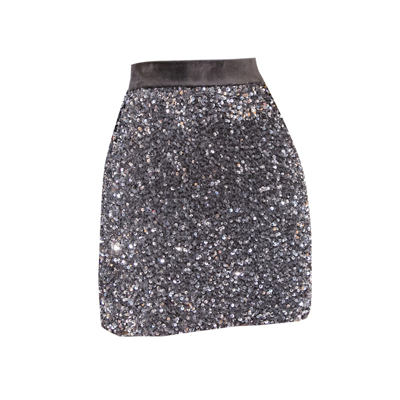 Spring New Small High Waist Sequins Wrapped Hip A-Line Short Skirt Casual Slim Skirt Half-Length Skirt Women
