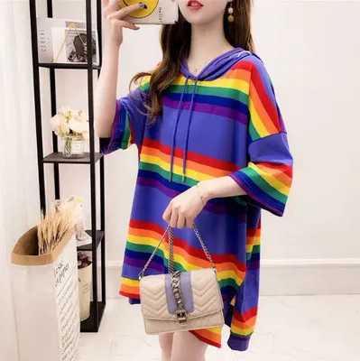 Harajuku Rainbow Stripe Hoodies Women Sweatshirt Loose Pullover For Sweet Girls Pastel Fahion Pink Clothes Cute Japanese Hoodies Blue - Shop at LoveMi
