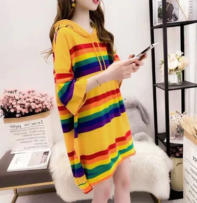 Harajuku Rainbow Stripe Hoodies Women Sweatshirt Loose Pullover For Sweet Girls Pastel Fahion Pink Clothes Cute Japanese Hoodies Pink - Shop at LoveMi