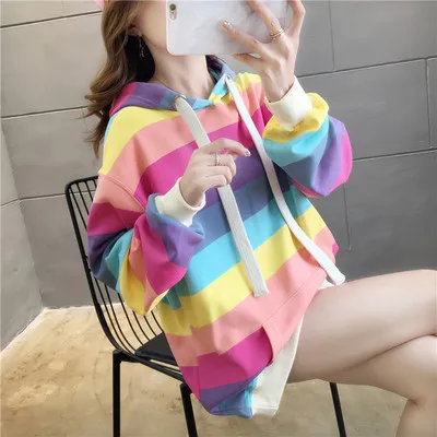 Harajuku Rainbow Stripe Hoodies Women Sweatshirt Loose Pullover For Sweet Girls Pastel Fahion Pink Clothes Cute Japanese Hoodies Light Stripes - Shop at LoveMi