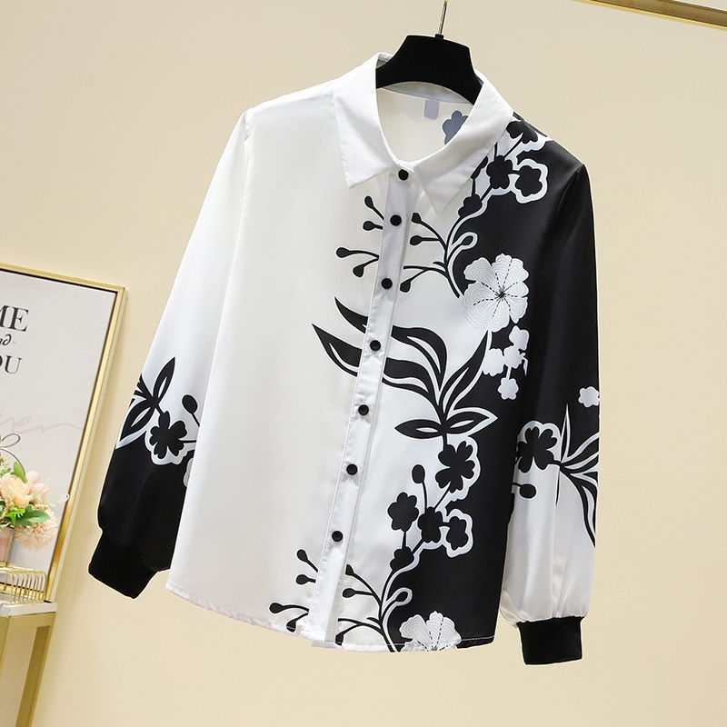 Black And White Printed Heavy Weight Silk Shirt Women'S Spring Wear New Fashion High-End Long Sleeve Silk Top