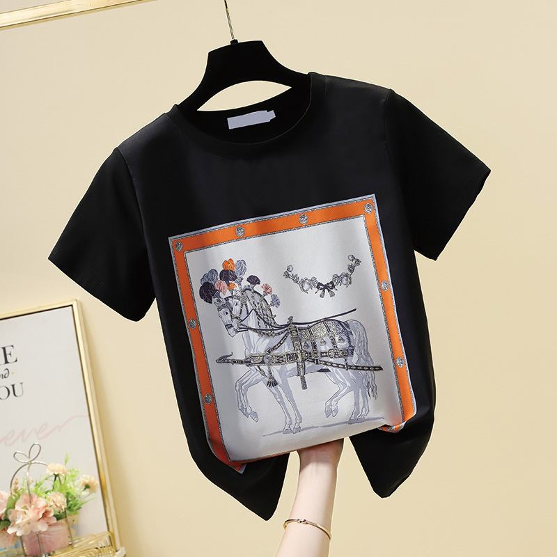 Short Sleeve T-Shirt Women New Round Neck With Thin, Loose, Vintage Silk Print Top