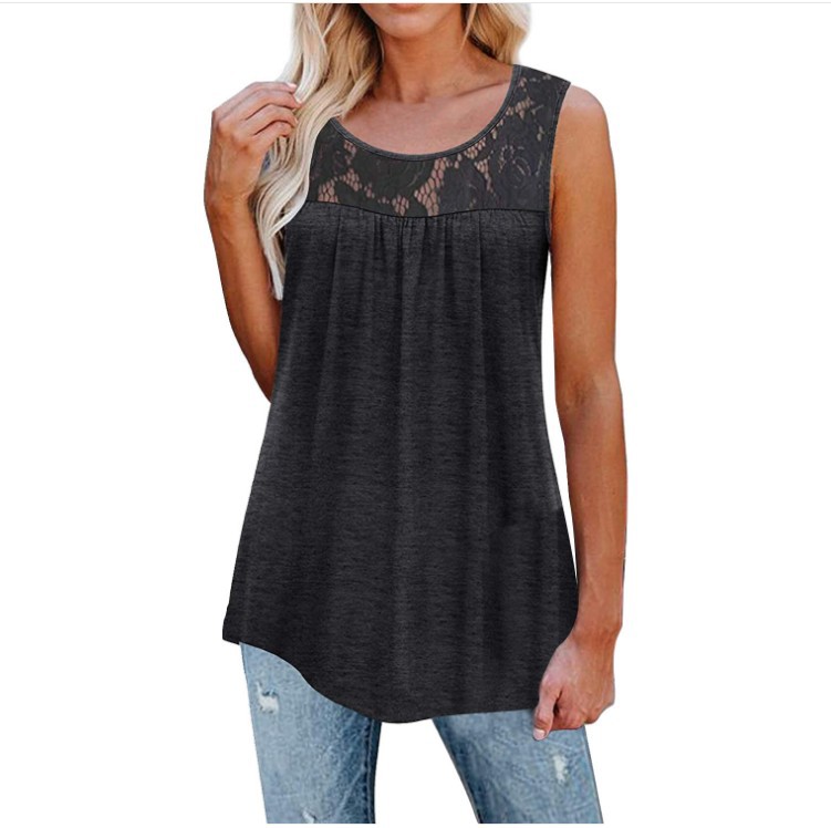 Sleeveless Lace Pleated Round Neck Shirt