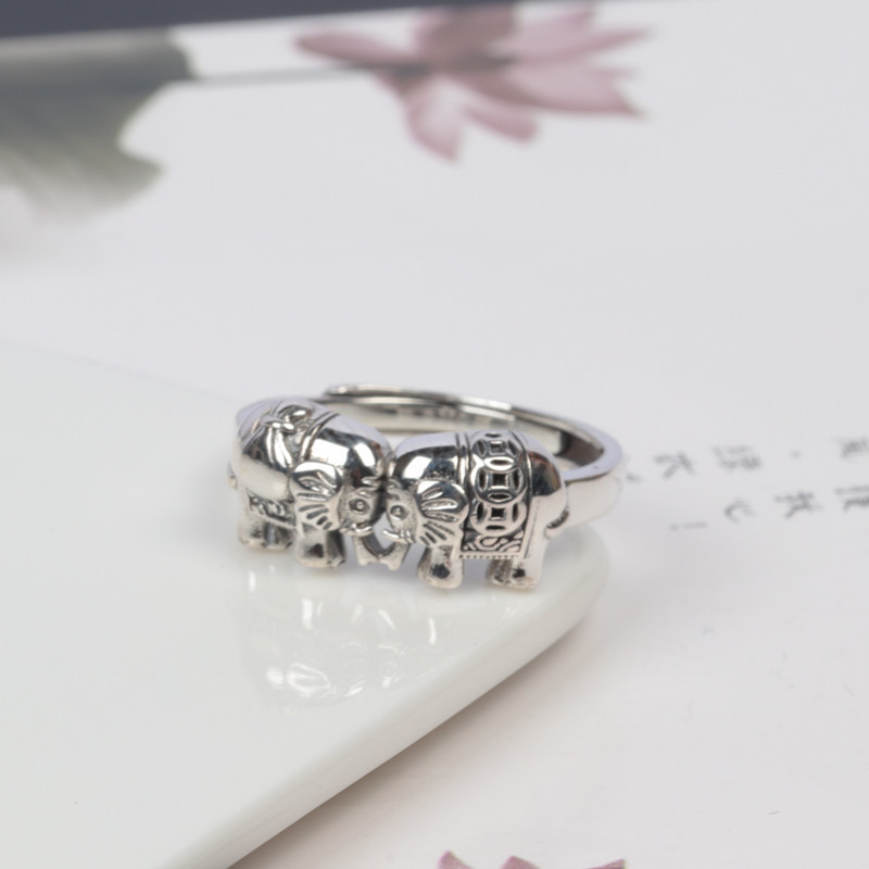 Gujifang S925 Pure Silver Bright Double Elephant Ring Girl'S Retro Auspicious Purse Small Elephant Ring Index Finger Ring