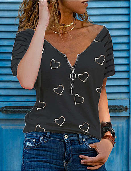 Long Sleeve Love Printed V-Neck Zip T-Shirt