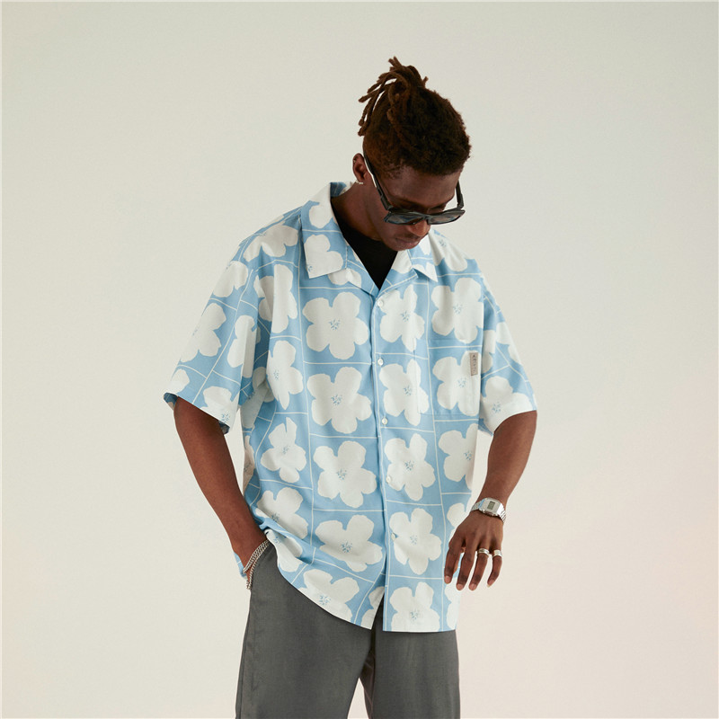 Casual Plaid Flower Print Short-sleeved Shirt