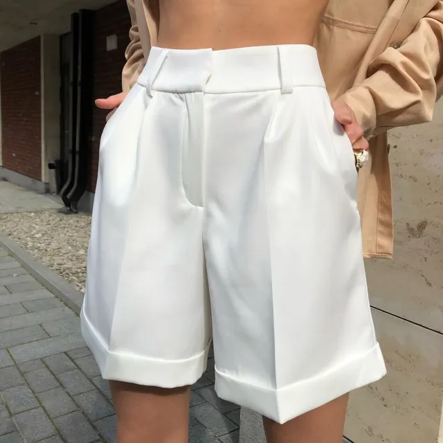Zipper Button Solid Color Trousers Shorts White - Shop at LoveMi