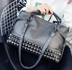 Shoulder Bag Female Large-Capacity Female Bag Pu Leather Wild Crossbody Portable Female Bag Rivet Retro Big Bag - Grey - View 1