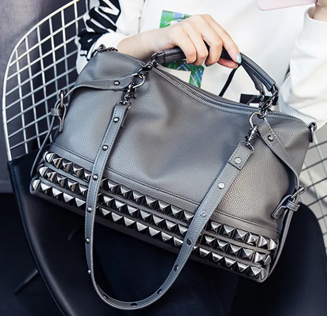 Shoulder Bag Female Large Capacity Female Bag Pu Leather Wild Crossbody Portable Female Bag Rivet Retro Big Bag Gray - Shop at LoveMi