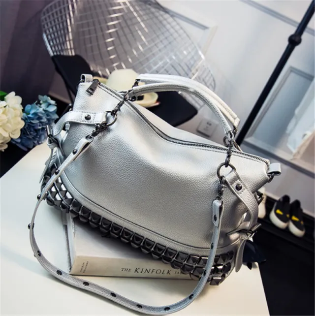 Shoulder Bag Female Large Capacity Female Bag Pu Leather Wild Crossbody Portable Female Bag Rivet Retro Big Bag Silver - Shop at LoveMi