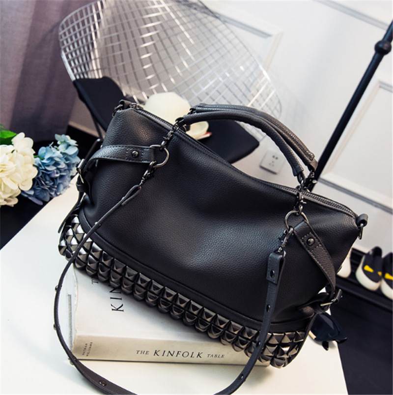 Shoulder Bag Female Large Capacity Female Bag Pu Leather Wild Crossbody Portable Female Bag Rivet Retro Big Bag Black - Shop at LoveMi