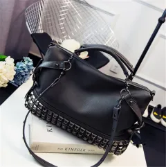 Shoulder Bag Female Large-Capacity Female Bag Pu Leather Wild Crossbody Portable Female Bag Rivet Retro Big Bag - Black - View 1