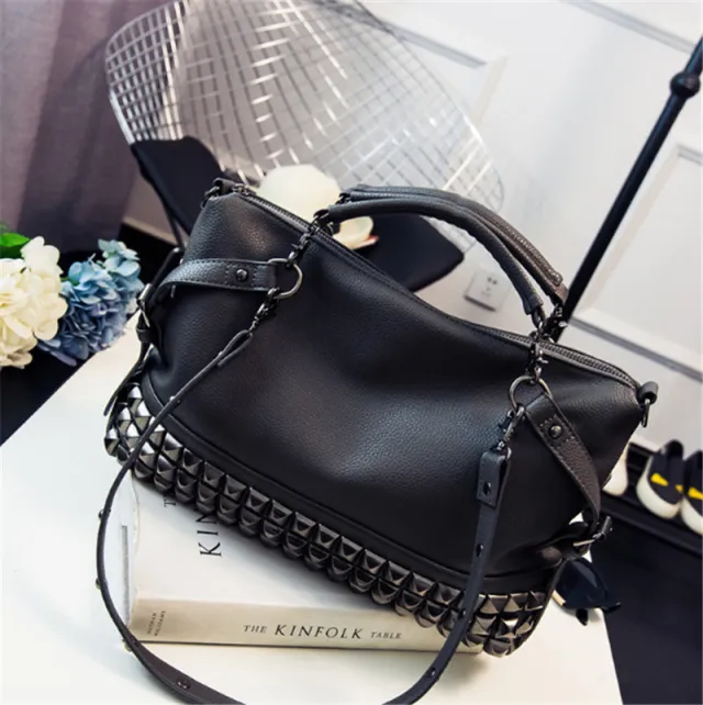 Shoulder Bag Female Large Capacity Female Bag Pu Leather Wild Crossbody Portable Female Bag Rivet Retro Big Bag Black - Shop at LoveMi